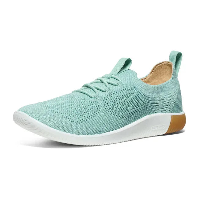 Front angled view of Women&#39;s Keen KNX Knit Sneaker in Granite Green Lichen colorway