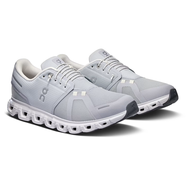 Angled pair of On Running Men's Cloud 6 Running Shoe in Glacier Grey / White
