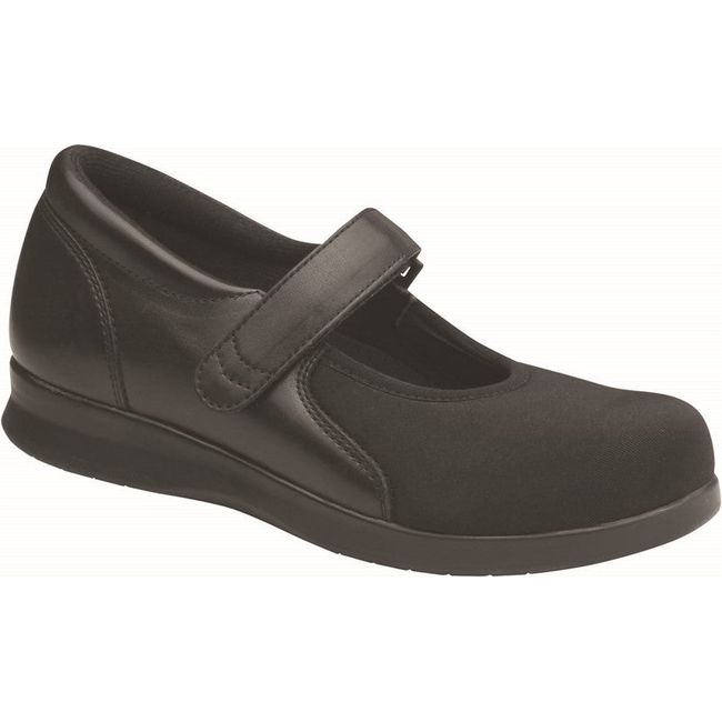 Front angled view of Womens Drew Mary Jane Bloom II Shoe in Black Leather and mesh with velcro strap