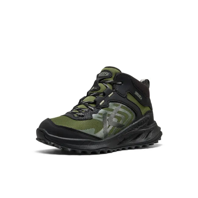Front of KEEN Kids' Zionic Waterproof Hiking Boot in Black &amp; Bronze Green