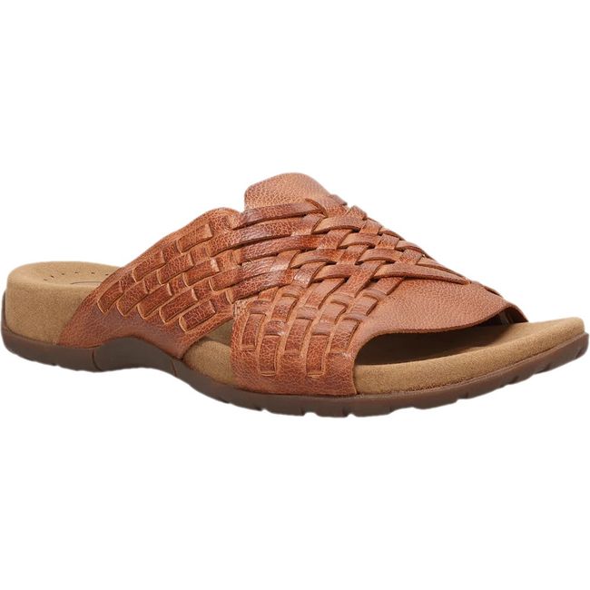 Fron angled view of Women's Taos Guru Slide Sandal in Honey tan leather