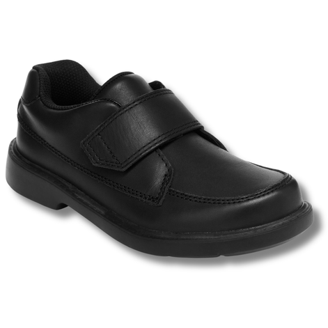 Angled side of Stride Rite Kids' Laurence Loafer in Black Leather with a velcro strap