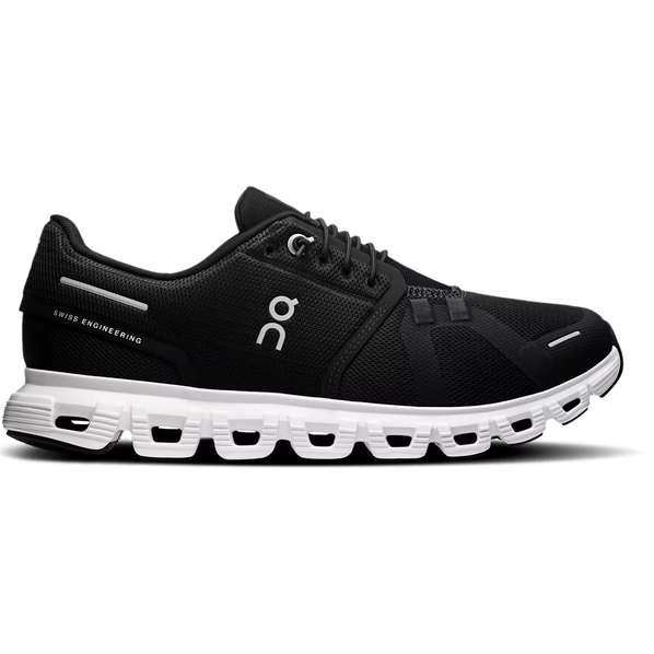 Lateral side of On Running Slip On Women's Cloud 6 Running Shoe in Black and White