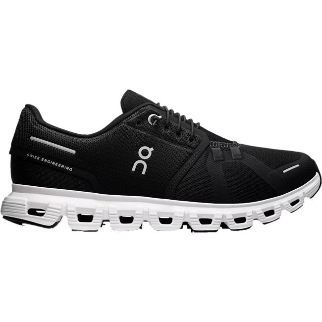 Lateral side of On Running Women's Cloud 6 Running Shoe in black and white