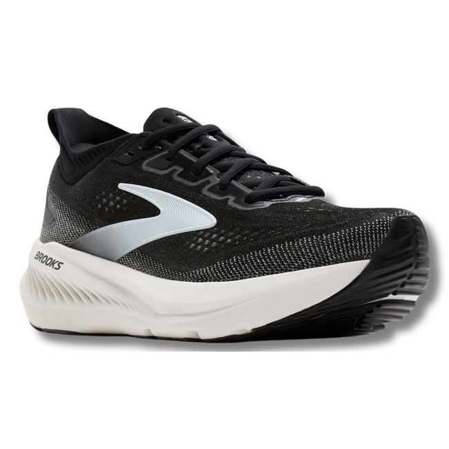 Angled side of Brooks Men's Glycerin 23 Running Shoe in Black and White
