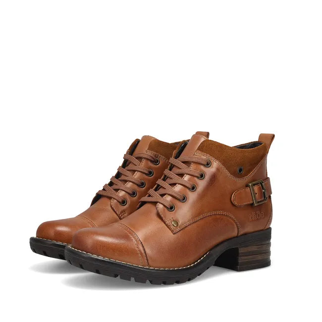 Pair of Womens Taos Mini Crave Boot in caramel leather. Ankle boot and lace up closure