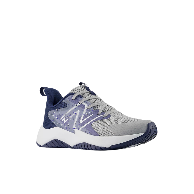 Front angled view of New Balance Youth Rave Run V2 Kids' Running Shoe in Raincloud Grey &amp; Navy