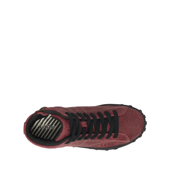 Top down view of Women's Taos High Top Trail Mix Sneaker in wine red ruff leather and black laces
