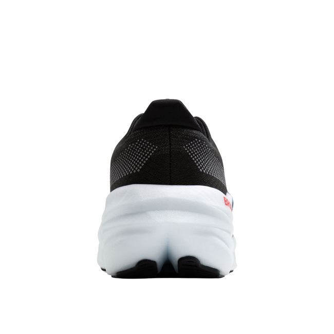 Heel of Men's Brooks Glycerin Max Running Shoe. Black upper with blue and pink accents. White sole