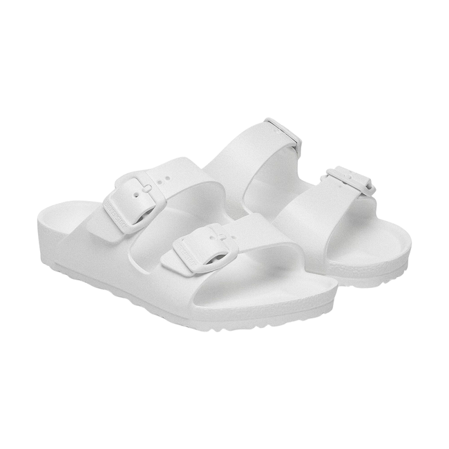Angled Pair of Birkenstock Kids' Arizona EVA Sandal (Toddler/ Little Kid) in White