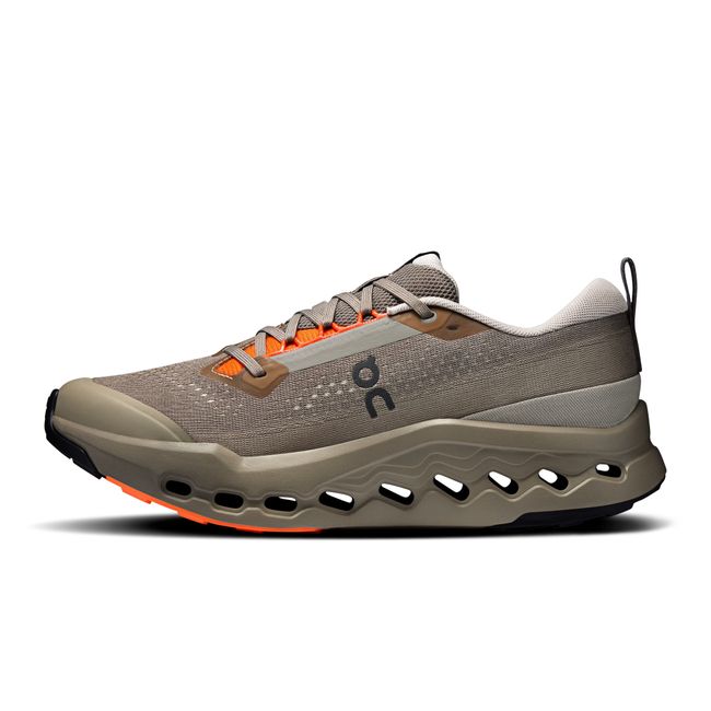 Medial side of Men's On Running Cloudsurfer Trail 2 Running Shoe in Eclipse Brown, Cinder orange