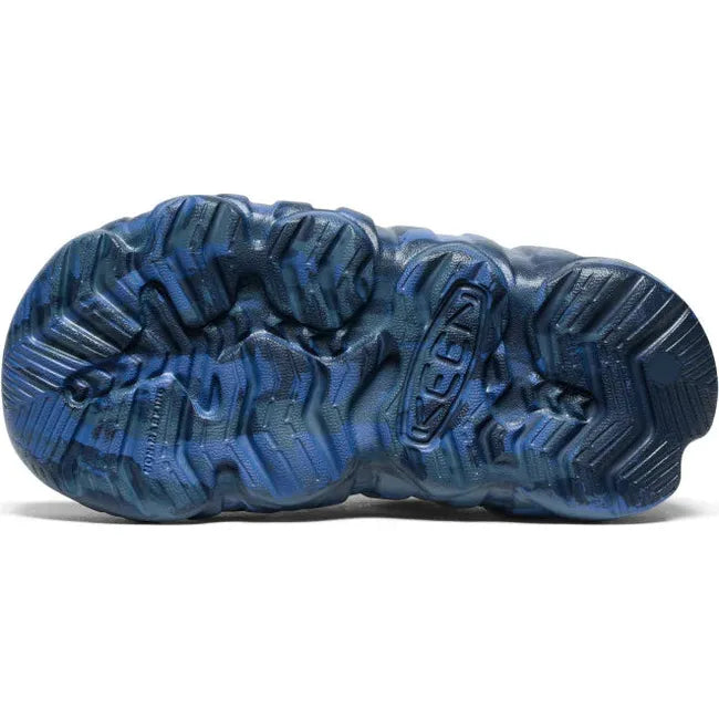 Sole of KEEN Kids' Hyperport H2 Sandal in Naval Academy Navy Blue and Red Carpet