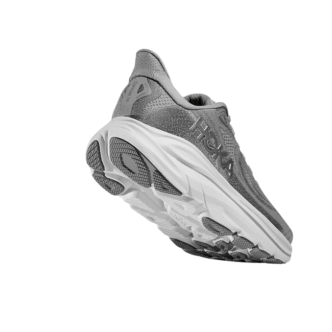 Angled Heel of Hoka Women's Clifton 10 Running Shoe in Stellar Grey