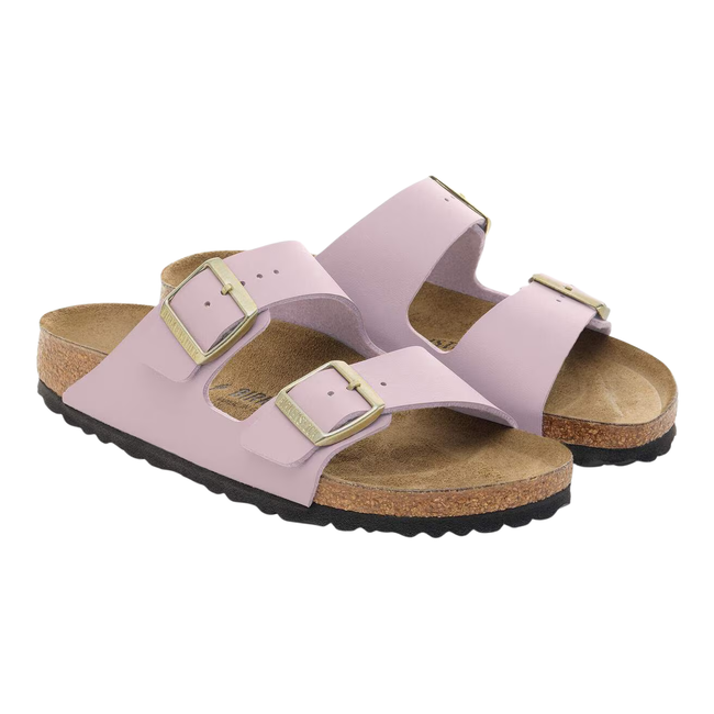 Angled Pair of Birkenstock Women's Birko-Flor Arizona Sandal in Faded Purple