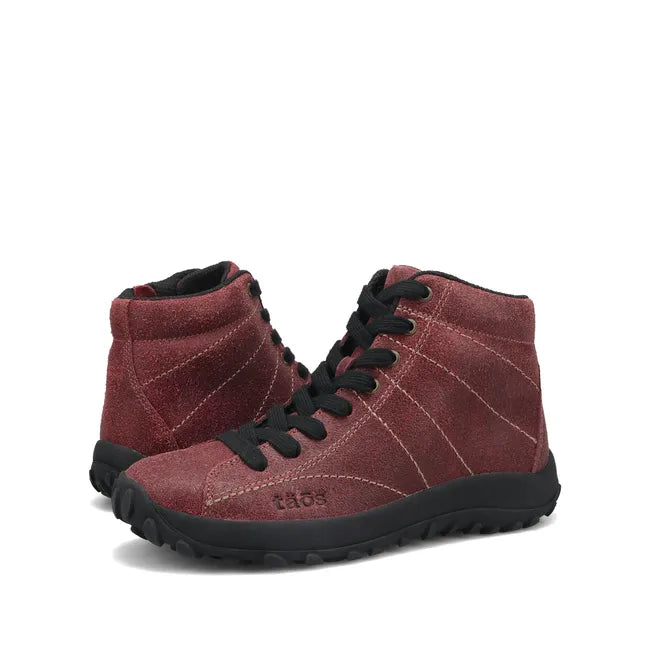 Pair of Women's Taos High Top Trail Mix Sneaker in wine red ruff leather and black laces
