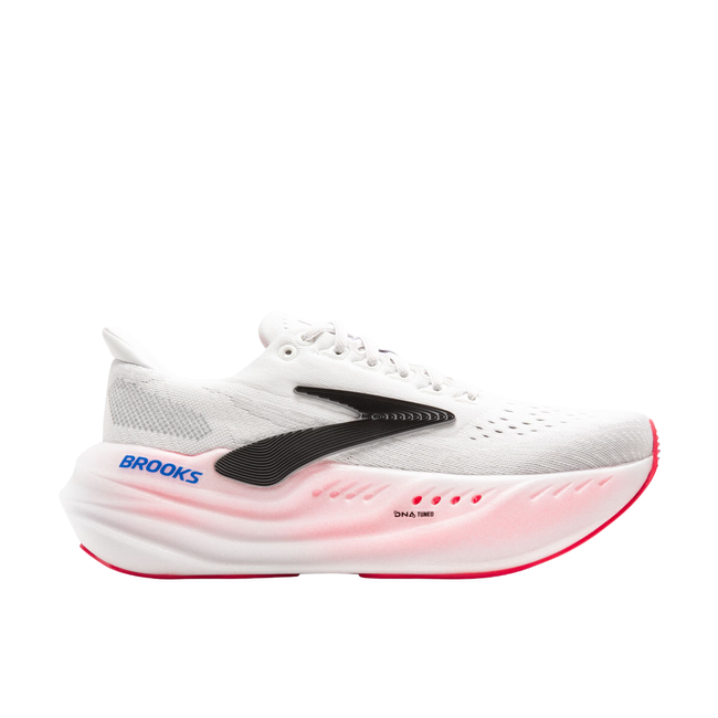Lateral of Women&#39;s Brooks Glycerin Max Running Shoe. White upper and max cushion pink sole