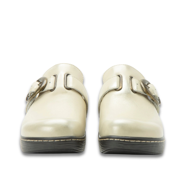 Front of Alegria Women's Osmosis Clog in Gold Cream Leather