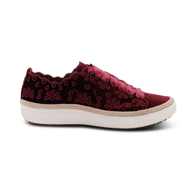 Lateral profile of Aetrex Women's Charlotte Lace-Up Sneaker in burgundy velvet