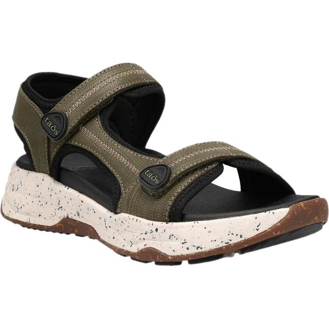 Front angled view of Women's Taos Super Side Sandal in Olive Emboss with velcro straps