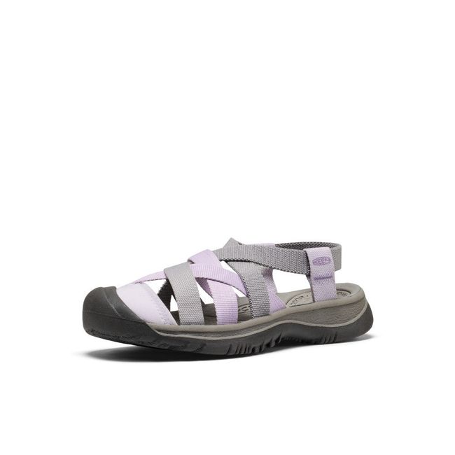 Front angled view of Keen Women's Whisper Lattice Sandal in Alloy Thistle