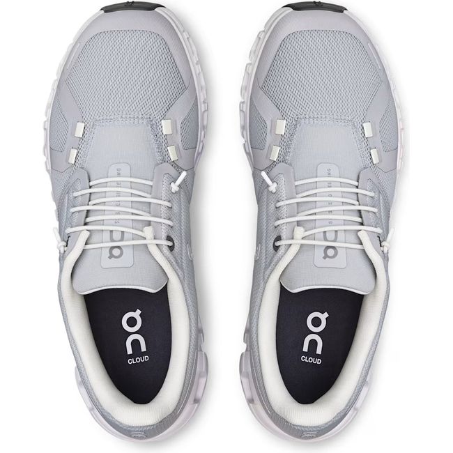 Top down view of On Running Women's Cloud 6 Running Shoes in grey and white