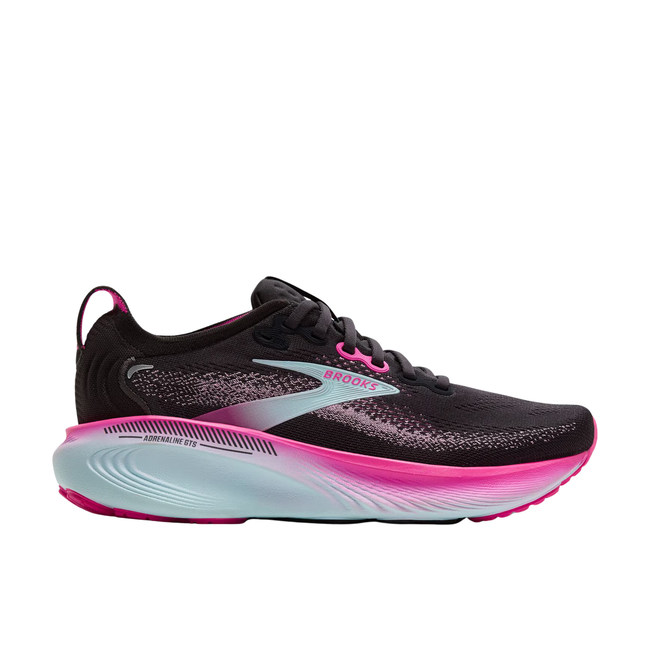 Side of Brooks Women's Adrenaline GTS 25 Running Shoe in Black and Cyber Pink