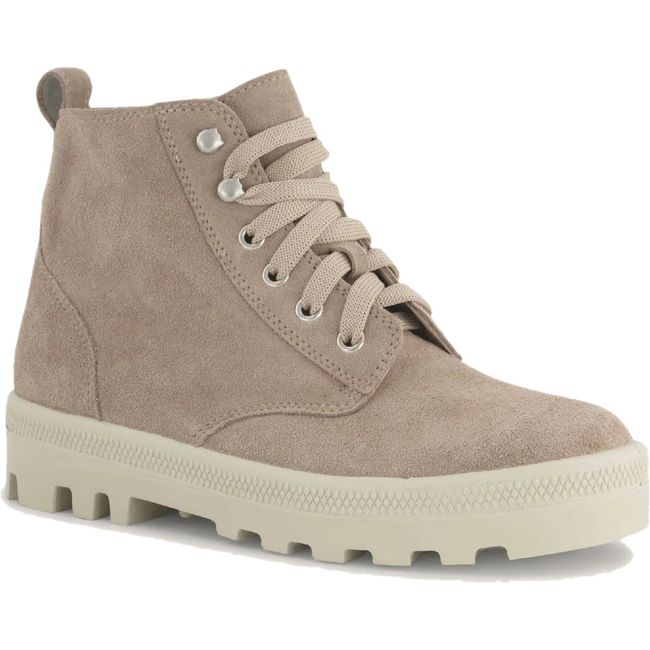 Front angled view Naot Women's Canoe Boot in almond suede