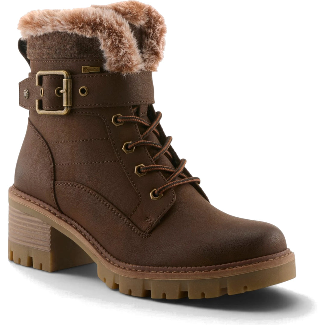 Front angled view of Spring Step Women's Canyonoak Boot in brown faux leather