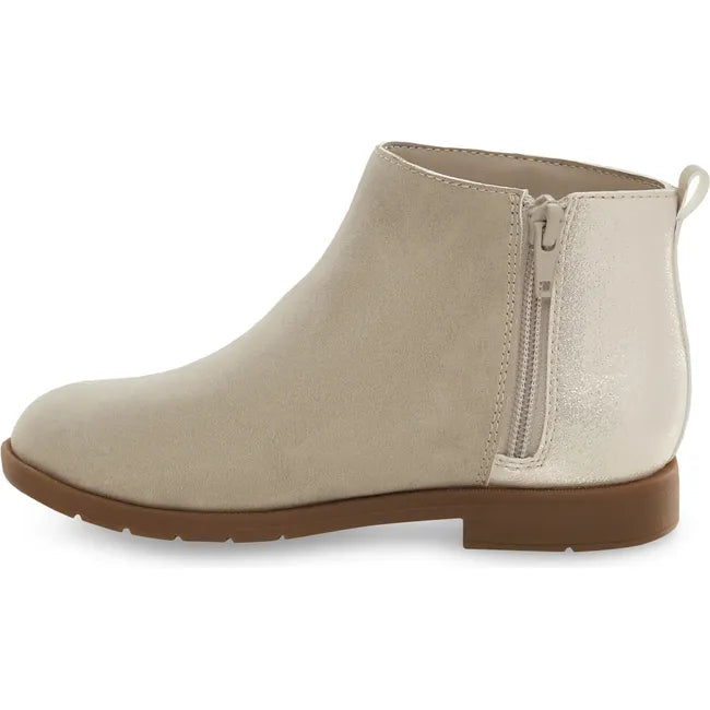 Medial side of of Big Kids Carolyn Stride Rite Boot in taupe with side zipper