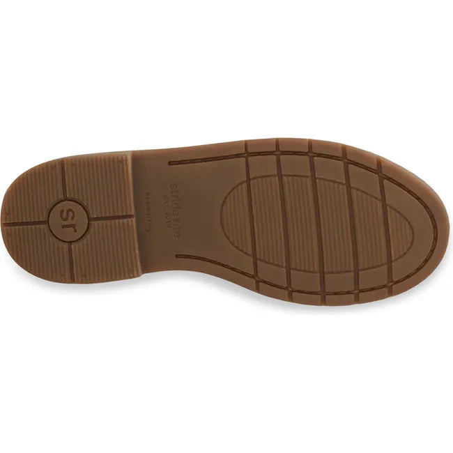 Sole of of Big Kids Carolyn Stride Rite Boot in taupe upper with brown outsole