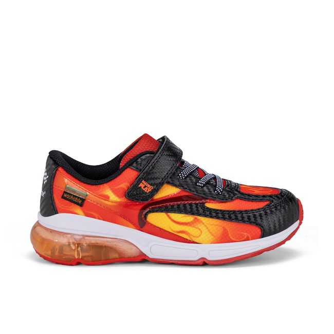 Right side profile of the Stride Rite Lighted Phantom in black with orange flames