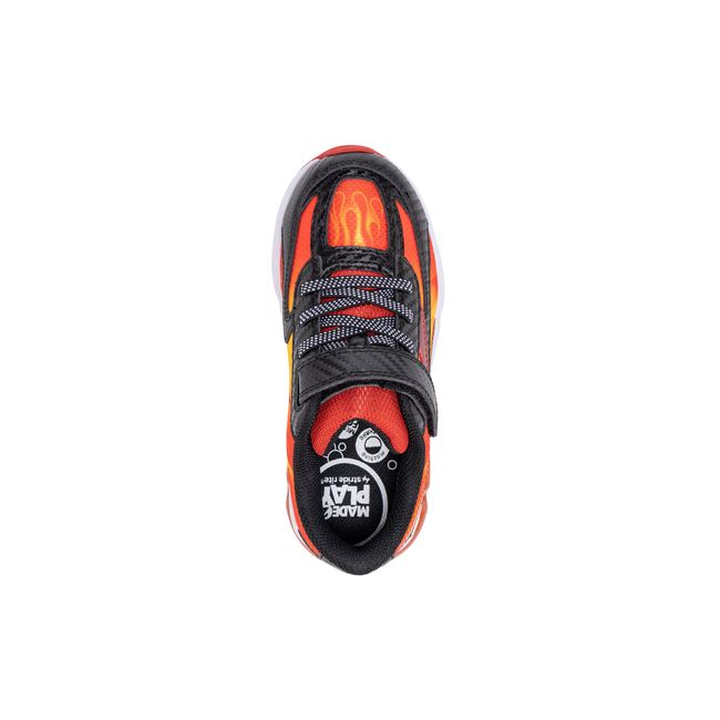 Top down view of the Stride Rite Lighted Phantom in black with orange flame print