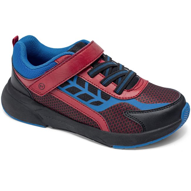 Stride Rite Equilibrium light up sneaker in black and bright red, angled view