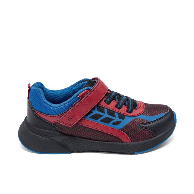 Right side profile of the Stride Rite Equilibrium in black with bright red accents