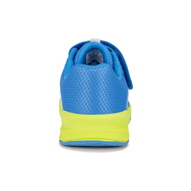 Rear heel view of the Stride Rite Hypersonic in azure blue mesh with a lime green sole