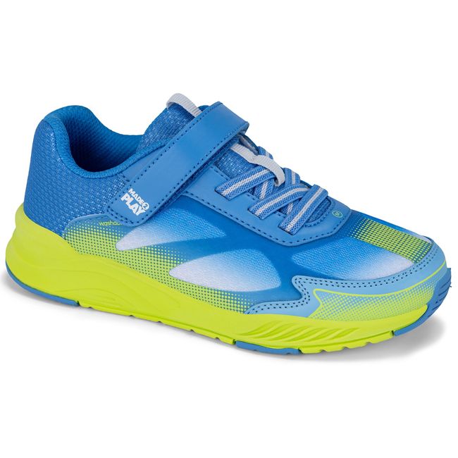 Stride Rite Hypersonic sneaker in azure blue with a neon yellow-green sole, three quarter view