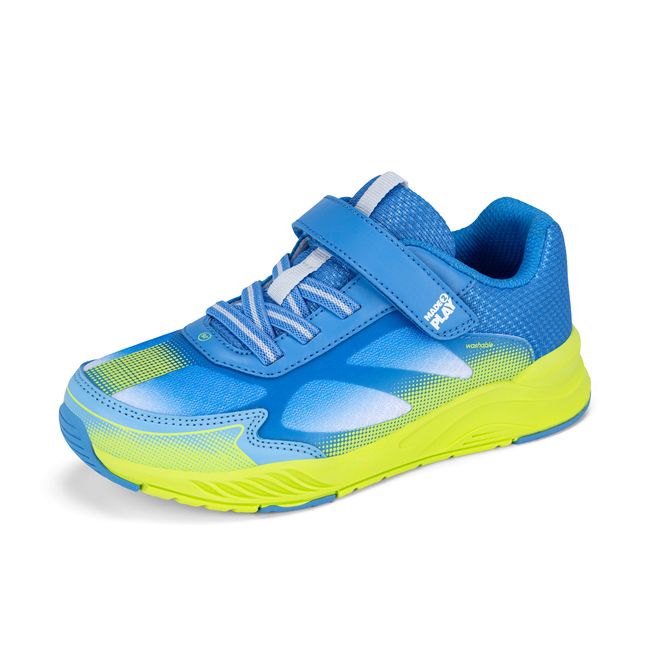 Stride Rite Hypersonic in azure blue and lime green, angled view of the opposite side