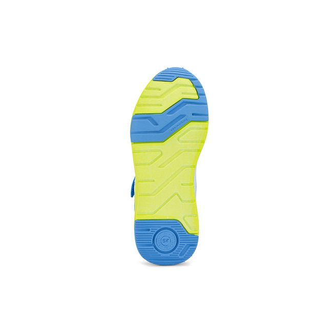 Outsole of the Stride Rite Hypersonic in lime green and blue showing the traction pattern