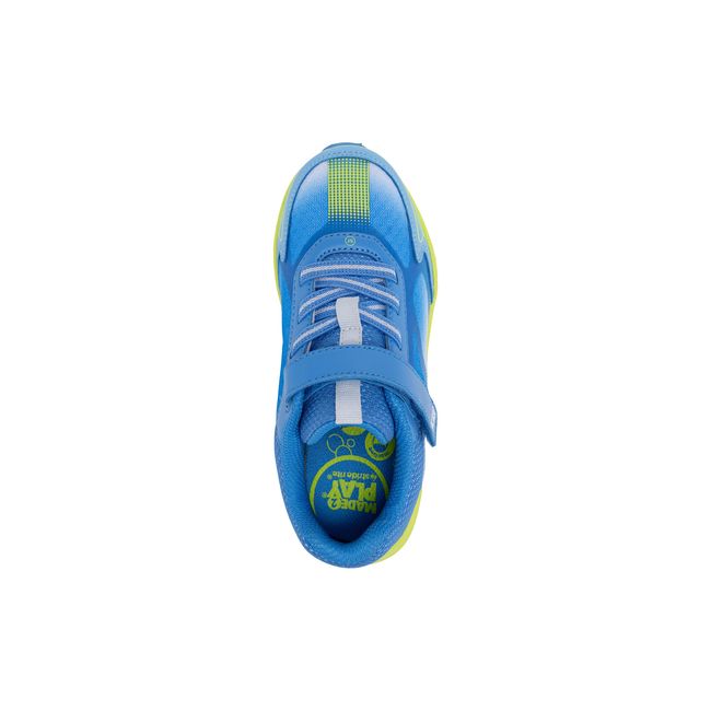 Top down view of the Stride Rite Hypersonic in azure blue with neon yellow-green trim