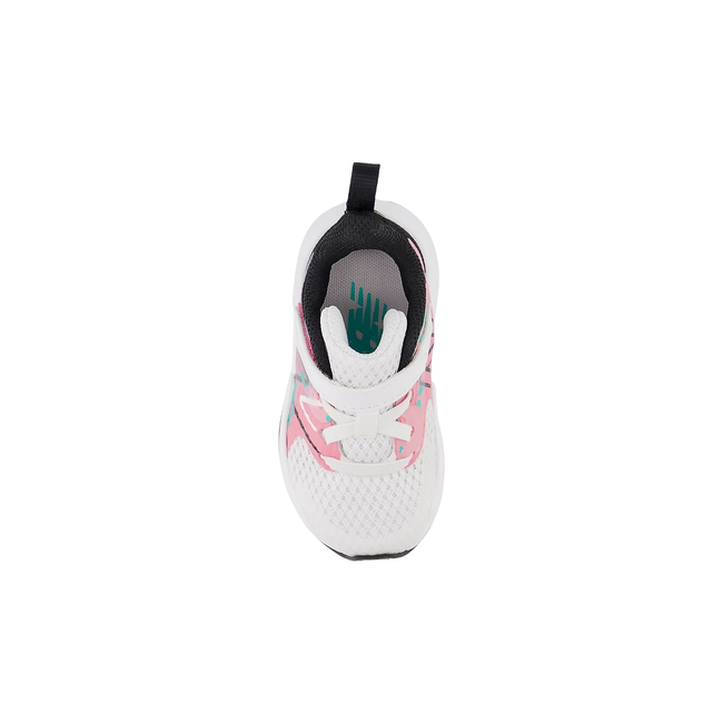 Mesh upper of velcro New Balanace Kids' Rave Run V2 Running Shoe in White, Real Pink, &amp; Black