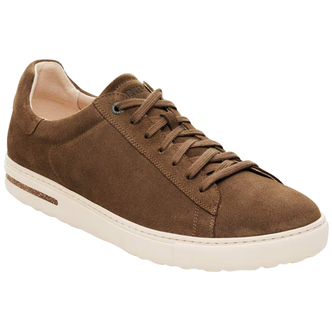 Angled Side of Birkenstock Unisex Bend Low Sneaker in Dark Tea Brown Suede