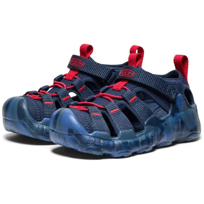 Pair of KEEN Kids' Hyperport H2 Closed Toe Sandal in Naval Academy Navy Blue and Red Carpet