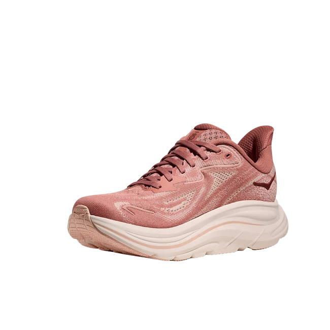 Angled Medial side of Hoka Women's Clifton 10 Running Shoe in Rose Latte Pinkish Red