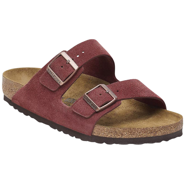 Angled side of Birkenstock Women's Arizona Suede Sandal in Zinfandel Red