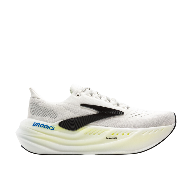 Lateral side of Men's Brooks Glycerin Max Running Shoe. White upper. Yellow and black accents
