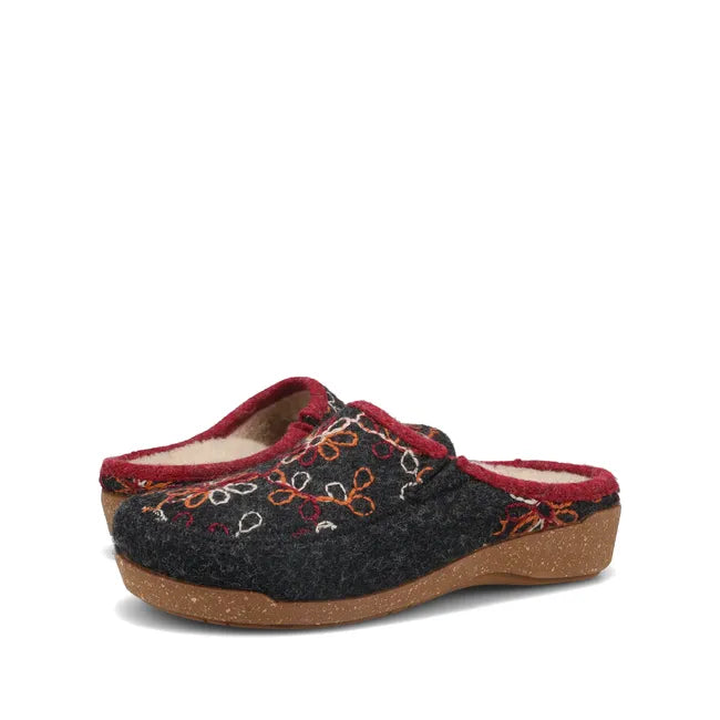 Pair of Womens Taos Woolflower Slipper in charcoal wool. Red accents and tan footbed