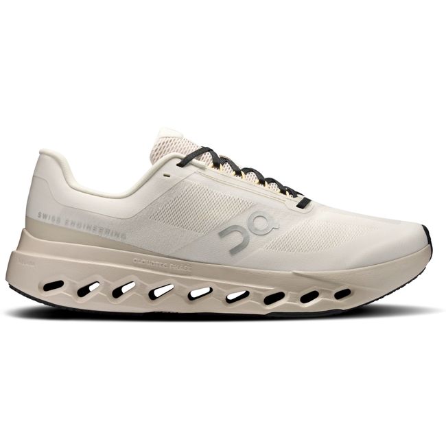 Lateral side of On Running Women's Cloudsurfer Next Running Shoe in ivory beige and silver