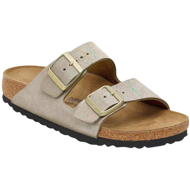 Angled Side of Birkenstock Women's Arizona Suede Sandal in Shimmering Taupe