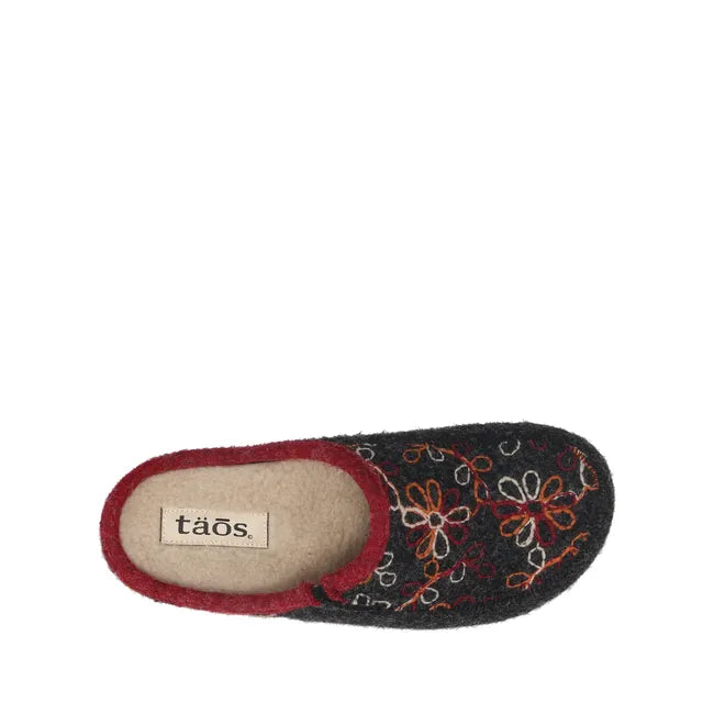 Top down view of Womens Taos Woolflower Slipper in charcoal wool. Red accents and tan insole