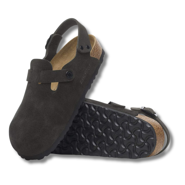 Top and Sole of Birkenstock Women's Tokio Clogs in Black Suede
